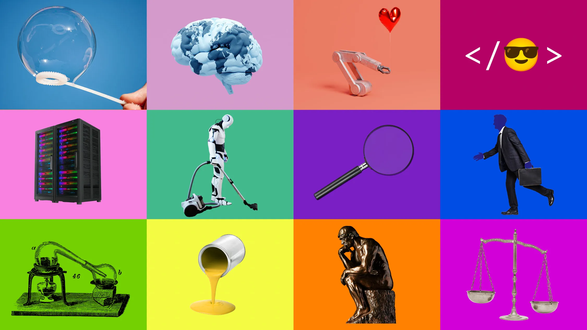 a grid of icons including a soap bubble, robot with vaccuum, the Thinker sculpture, a server and a bucket of paint pouring out